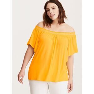 Torrid Top 2X Yellow Embroidered Smocked Off The Shoulder Short Sleeve